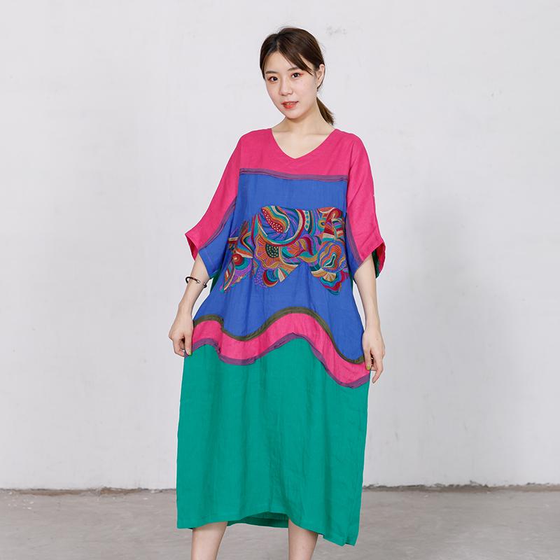 Embroidery Contrast Color Stitching Loose Dress