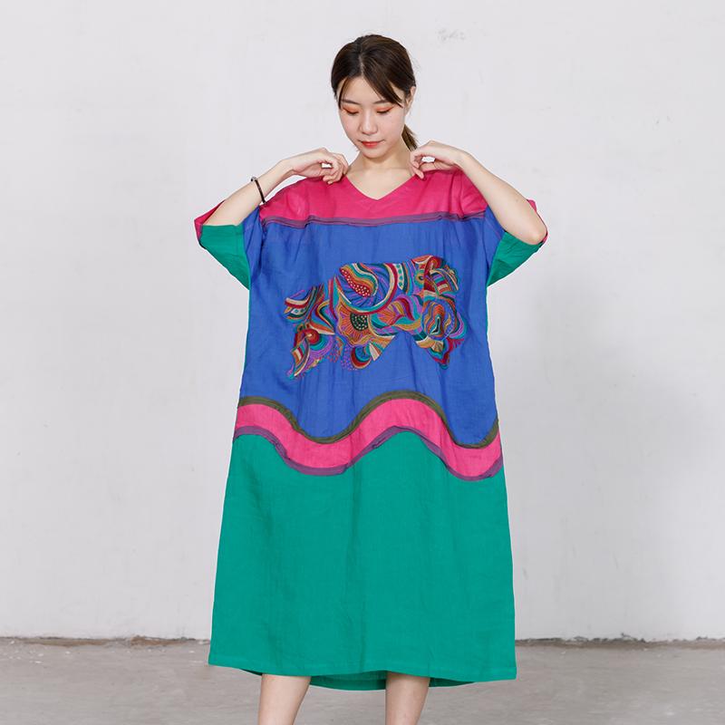Embroidery Contrast Color Stitching Loose Dress