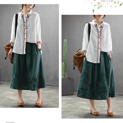 Embroidery Linen Drawstring Retro Casual Skirt