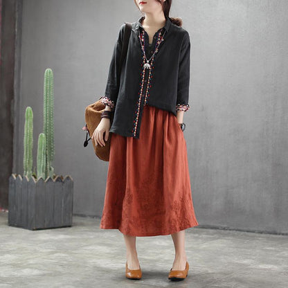 Embroidery Linen Drawstring Retro Casual Skirt