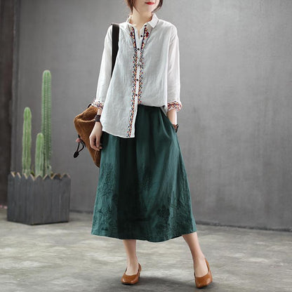 Embroidery Linen Drawstring Retro Casual Skirt