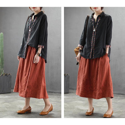 Embroidery Linen Drawstring Retro Casual Skirt