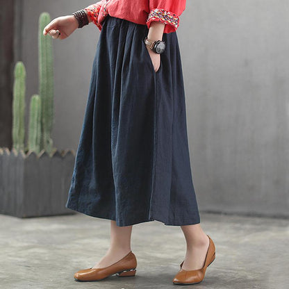 Embroidery Linen Drawstring Retro Casual Skirt