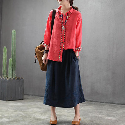 Embroidery Linen Drawstring Retro Casual Skirt