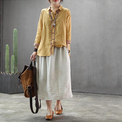 Embroidery Linen Drawstring Retro Casual Skirt