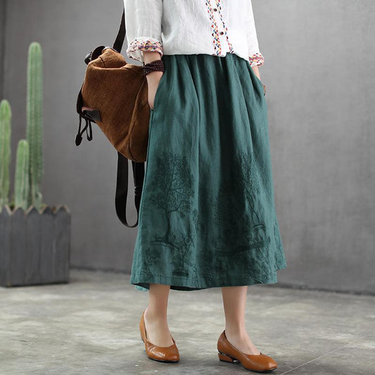 Embroidery Linen Drawstring Retro Casual Skirt