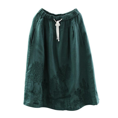 Embroidery Linen Drawstring Retro Casual Skirt