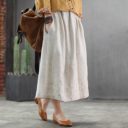 Embroidery Linen Drawstring Retro Casual Skirt