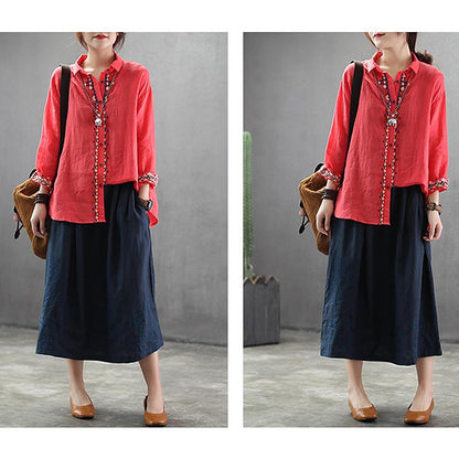 Embroidery Linen Drawstring Retro Casual Skirt