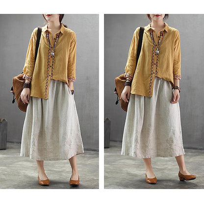 Embroidery Linen Drawstring Retro Casual Skirt