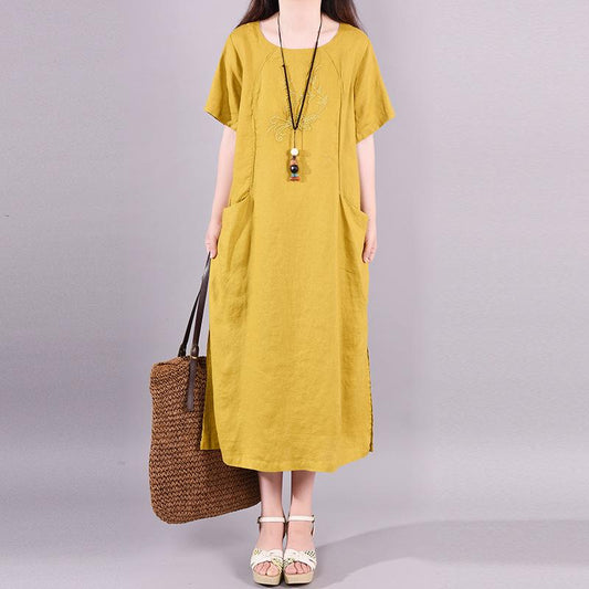 Embroidery Split Solid Color Midi Dress