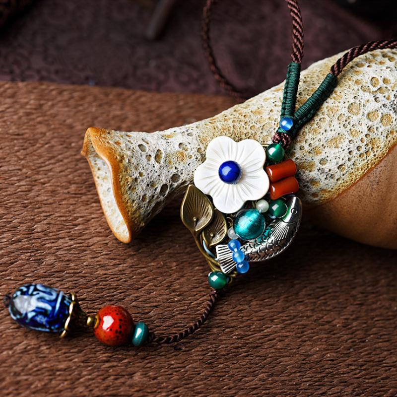 Ethnic Women Flower Ceramic Pendant Necklace