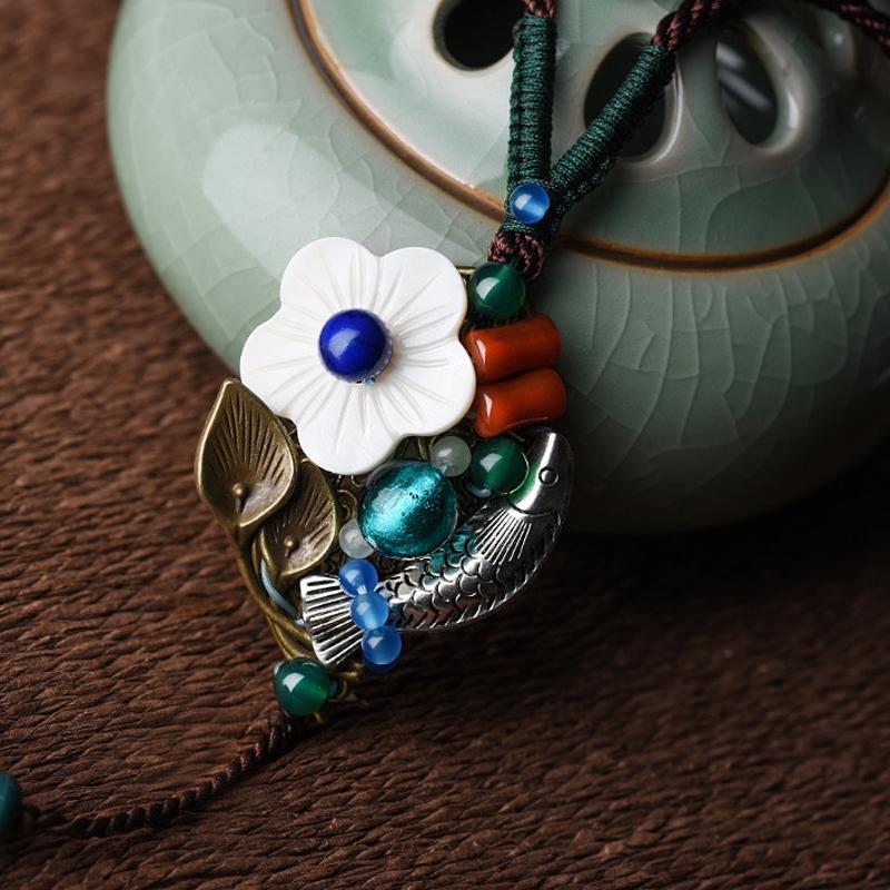 Ethnic Women Flower Ceramic Pendant Necklace