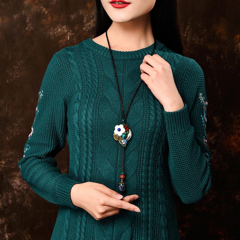 Ethnic Women Flower Ceramic Pendant Necklace