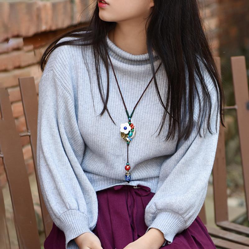 Ethnic Women Flower Ceramic Pendant Necklace