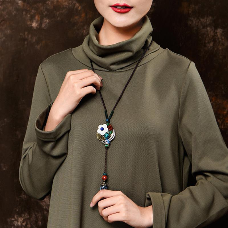 Ethnic Women Flower Ceramic Pendant Necklace