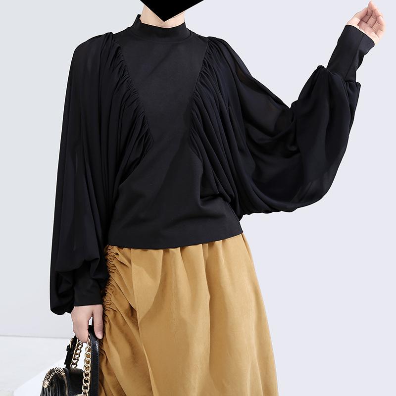 Fashion Bat Sleeve Solid Color Pleated Blouse
