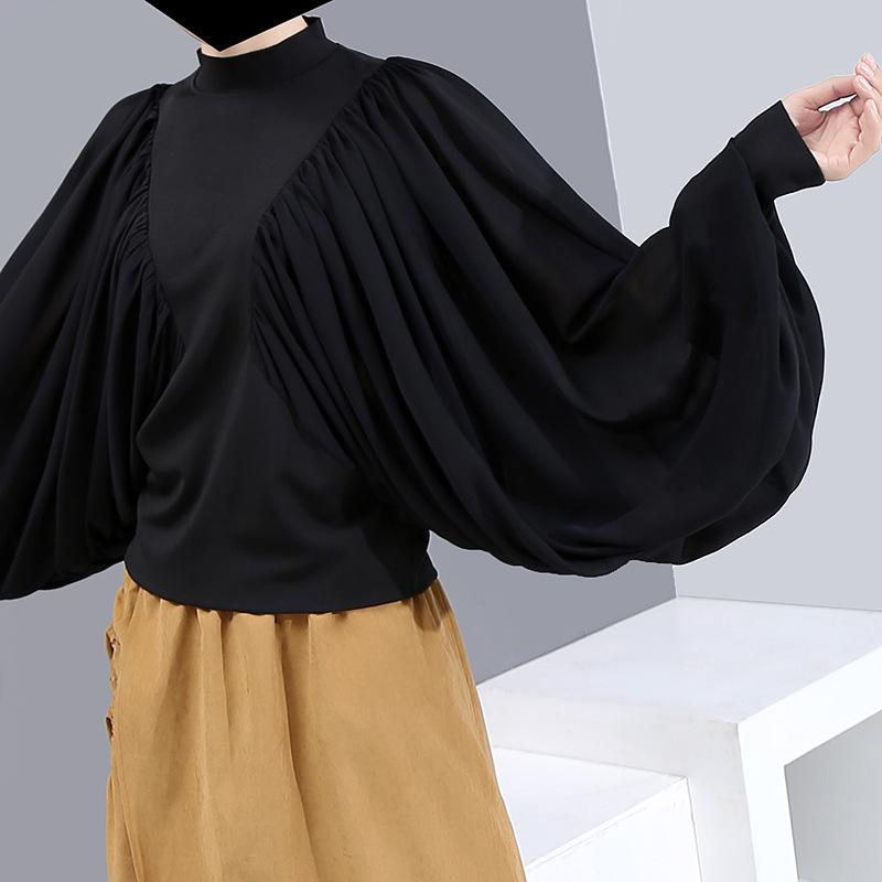 Fashion Bat Sleeve Solid Color Pleated Blouse