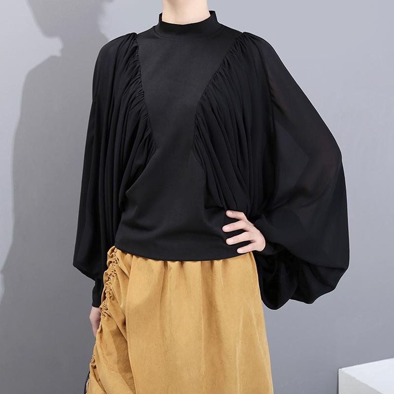 Fashion Bat Sleeve Solid Color Pleated Blouse
