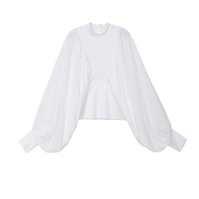 Fashion Bat Sleeve Solid Color Pleated Blouse