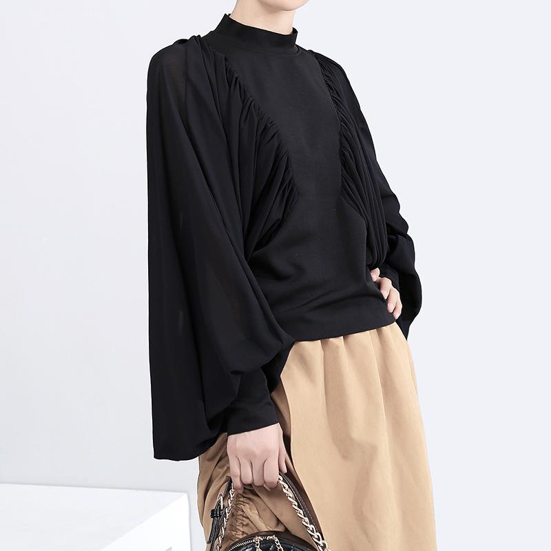 Fashion Bat Sleeve Solid Color Pleated Blouse