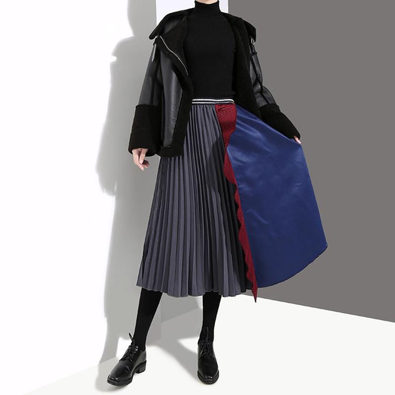 Fashion Half Pleated Spliced A-Line Skirt