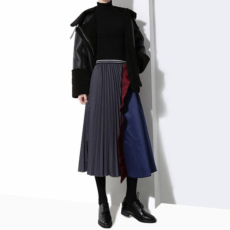 Fashion Half Pleated Spliced A-Line Skirt