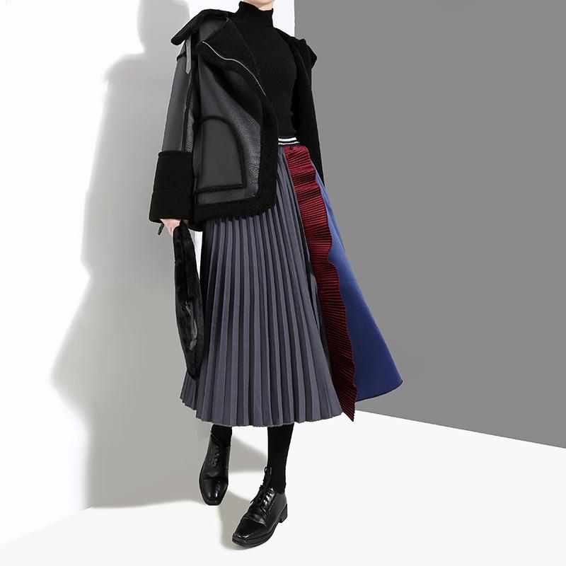 Fashion Half Pleated Spliced A-Line Skirt