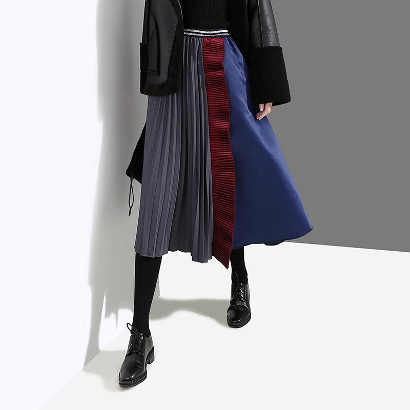 Fashion Half Pleated Spliced A-Line Skirt
