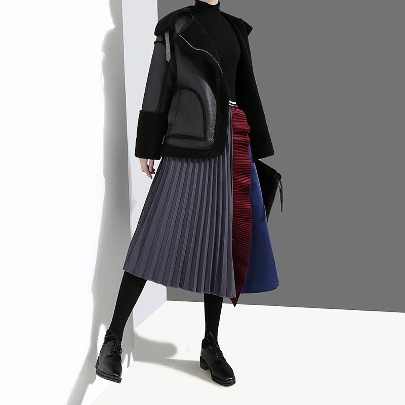 Fashion Half Pleated Spliced A-Line Skirt