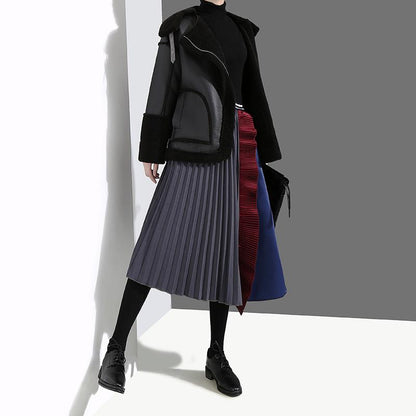 Fashion Half Pleated Spliced A-Line Skirt