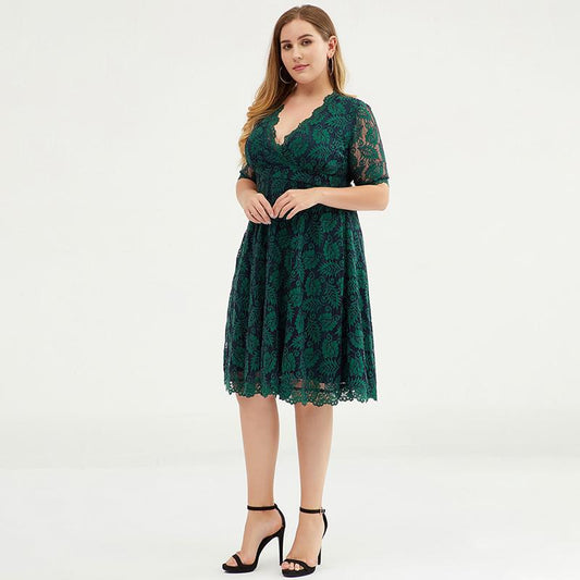 Fashion Polyester Lace V-Neck Plus Size Women Dress