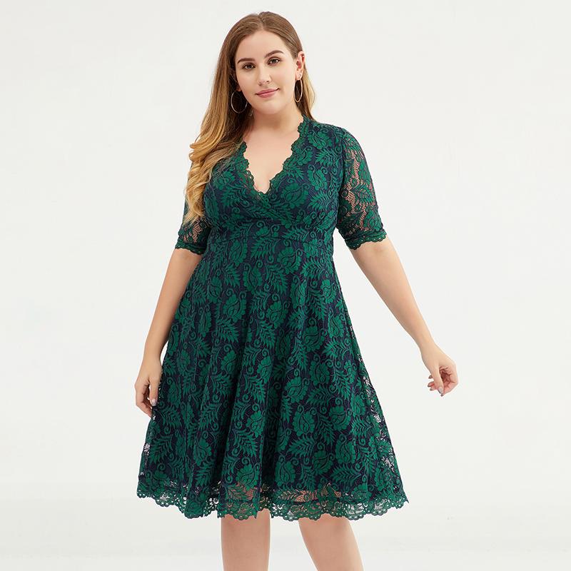 Fashion Polyester Lace V-Neck Plus Size Women Dress