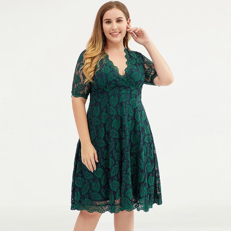 Fashion Polyester Lace V-Neck Plus Size Women Dress