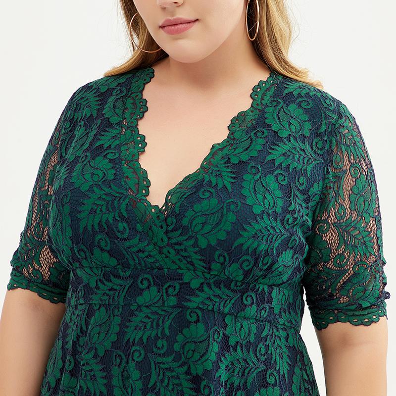 Fashion Polyester Lace V-Neck Plus Size Women Dress