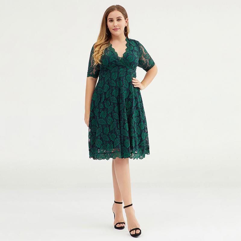 Fashion Polyester Lace V-Neck Plus Size Women Dress