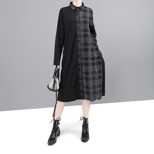 Fashion Spliced Plaid Shirt Dress