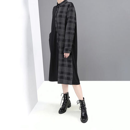 Fashion Spliced Plaid Shirt Dress