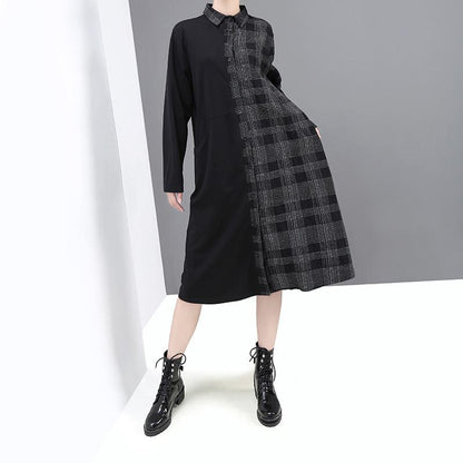 Fashion Spliced Plaid Shirt Dress