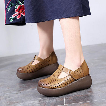 Buykud Fashion Summer Round Toe Leather Wedge Sandals