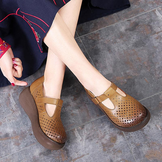 Buykud Fashion Summer Round Toe Leather Wedge Sandals
