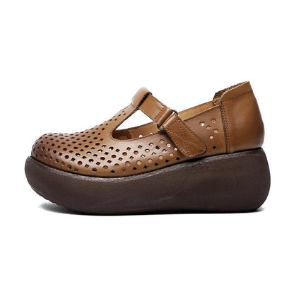 Buykud Fashion Summer Round Toe Leather Wedge Sandals