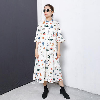 Flare Sleeve Printed Casual Loose Shirt Dress