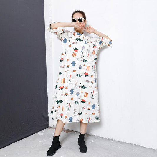 Flare Sleeve Printed Casual Loose Shirt Dress
