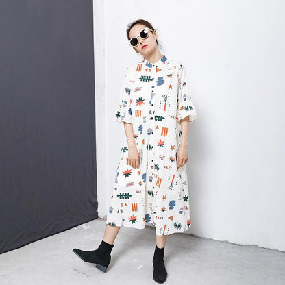 Flare Sleeve Printed Casual Loose Shirt Dress