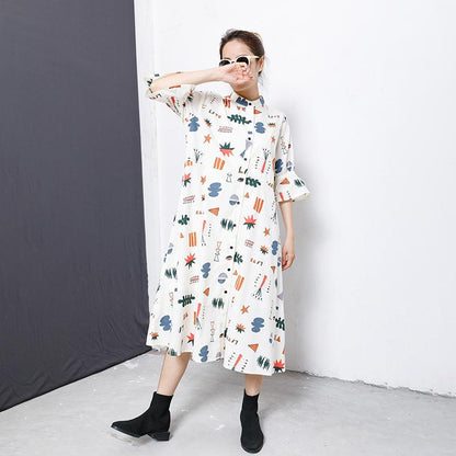 Flare Sleeve Printed Casual Loose Shirt Dress