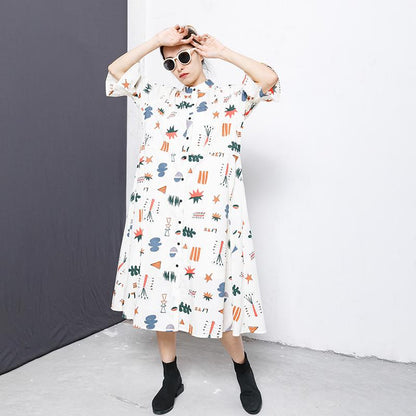 Flare Sleeve Printed Casual Loose Shirt Dress