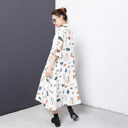 Flare Sleeve Printed Casual Loose Shirt Dress
