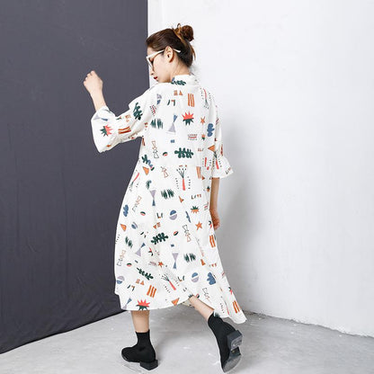 Flare Sleeve Printed Casual Loose Shirt Dress