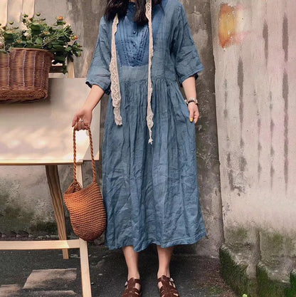Floral Button Solid Pleated Women Dress
